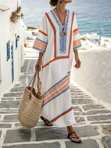 SHEIN Holidaya Đầm dài dáng rộng in sọc, thích hợp cho nữ, phù hợp đi biển, du lịch và ăn uống mùa xuân/hè, phong cách boho vintage giản dị, đầm hè thời trang và quyến rũ dành cho nữ. - Nhiều màu - Xem 4