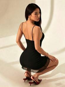 SHEIN PETITE New Sequin Contrast Mesh Draped Neck Low-Cut Triangle Cup Mini Dress With Shorts, Anti-Flashing, Party Club Night Night Out Dresses For Women - Black - View 5