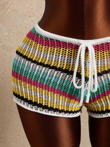 Swim Vcay Set de 2 piezas: Top de tirantes corto de malla a rayas colorida de verano + Pantalones cortos a rayas de colores saturados, Bikini Cover Up - Multicolor - Ver 5