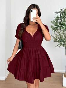 Vionelle Plus Size Elegant V-Neck Puff Sleeve Ruched Chiffon Dress - Burgundy - View 5