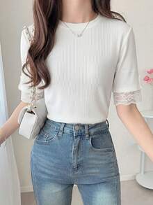 FRIFUL Women's Spring/Summer Short Sleeve Solid Color Patchwork Sheer Lace Fabric Ribbed Fashionable Slim Fit Versatile T-Shirt - White - View 3