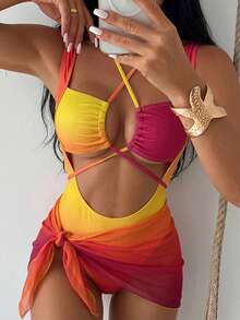 SHEIN Swim 女士性感渐变色镂空连体泳衣，沙滩度假风 - 彩色 - 查看 2