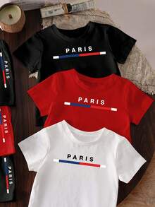6件套舒适纯棉多色男婴休闲字母“PARIS”印花短袖圆领T恤，搭配针织短裤，经典设计柔软短袖运动服套装，适合春夏穿着，夏季服装 - 彩色 - 查看 3