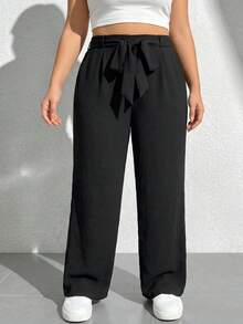 SHEIN PETITE CURVE Quần dài nữ cỡ lớn màu đen kiểu dáng thường ngày có dây buộc eo - màu đen - Xem 11