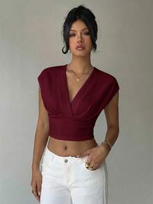 Aloruh Women's Casual Summer Solid White Slim Fit V-Neck Short Sleeve Crop Top,Summer Top - Maroon - View 3
