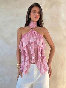 Aloruh Women's Elegant Multi-Layer Ruffle Trim Stand Collar Fitted Tank Top,Summer Top - Pink - View 3