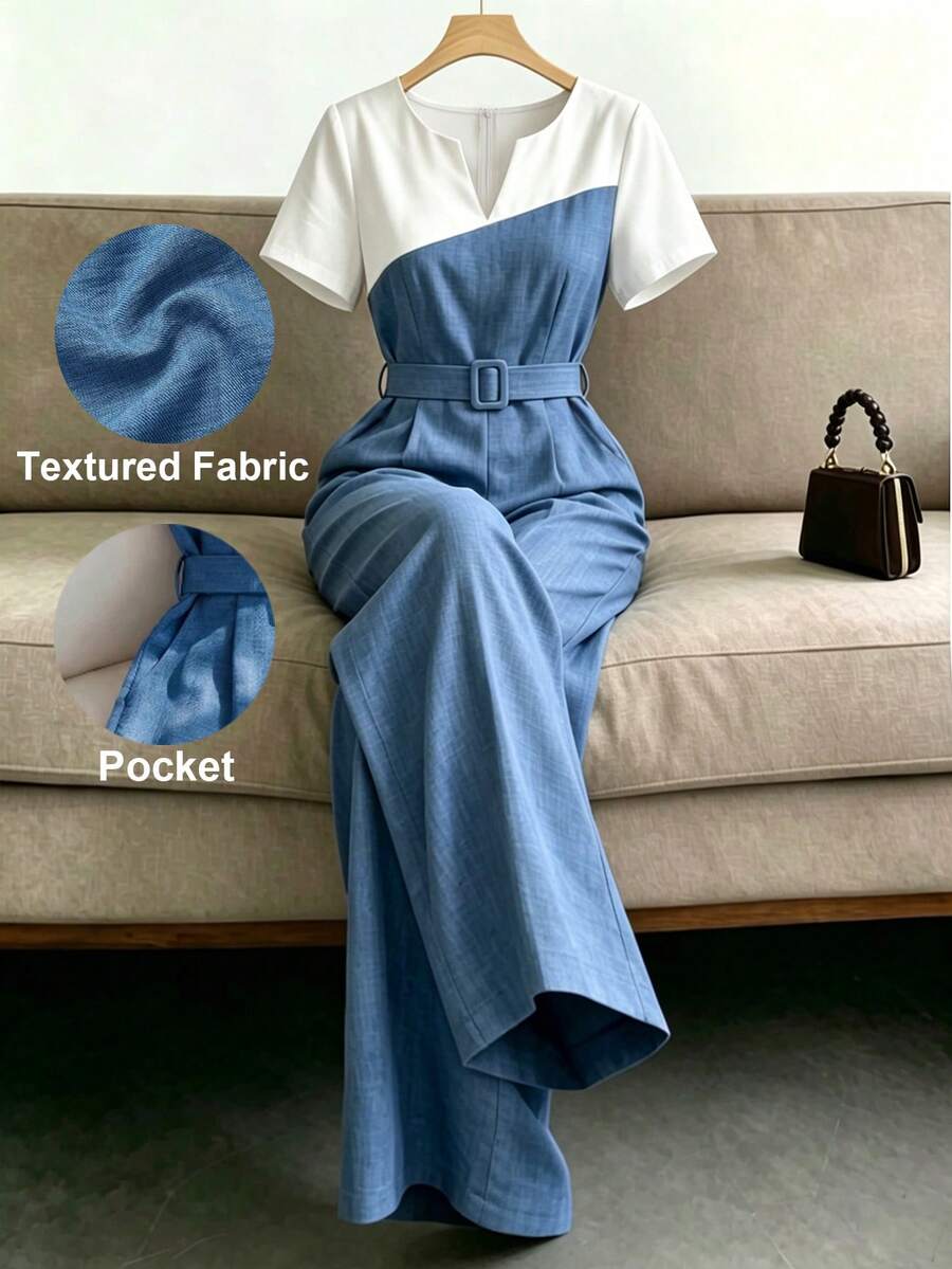 SHEIN Franclia Bộ áo liền quần phối màu tương phản, quần ống loe thắt eo, thích hợp cho đi làm, công sở, tiệc Ngày của Mẹ, lễ tốt nghiệp/phỏng vấn xin việc, kỷ niệm kinh doanh. - Xanh và trắng - Xem 1