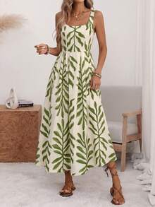 Vestido midi de línea A con espalda plisada, cintura ceñida, tirantes anchos y escote en U, con ajuste en la espalda, en estilo romántico de lunares grandes, elegante retro francés minimalista, adecuado para oficina, viajes, negocios, casual, playa, resort, primavera/verano - Verde 2 - Ver 3