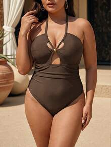 Swim Chiccia 2026 Summer New Plus Size Women's Fashionable Sexy Backless Solid Brown One-Piece Swimsuit Beach Outfit - Brown - View 4