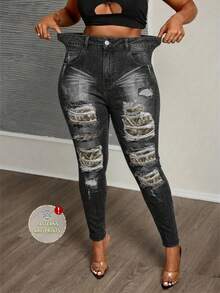 Slaydiva Plus Size Full Print Textured Leggings, Suitable For Music Festival - Dark Grey - View 1