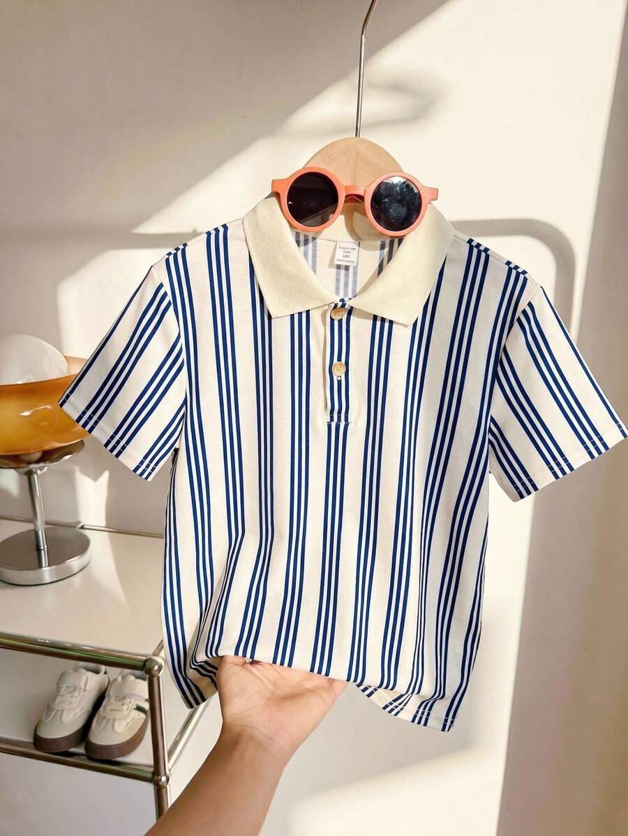 SHEIN Leap Crew 男童休闲舒适百搭百搭印花罗纹针织 Polo 领半襟套头衫,适合春、夏、秋、冬各季节上学、花园、海滩、生日 - 白色 - 查看 1