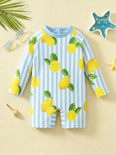 SHEIN Baby Boy/Girl Comfortable Cute Lemon Print Striped Long Sleeve Cover Up Swimsuit, Suitable For Outdoor, Vacation, Swimming, Hot Spring, Beach, Surfing, Spring/Summer