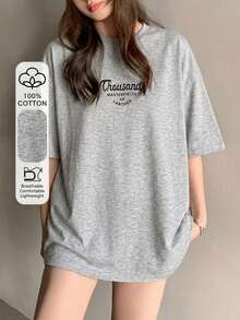 DAZY Women's Letter Print Loose Fit Round Neck Short Sleeve T-Shirt - Grey - View 1