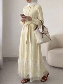 Solavon 女士纯色长袖单排扣休闲衬衫裙 - 淡黃色 - 查看 9