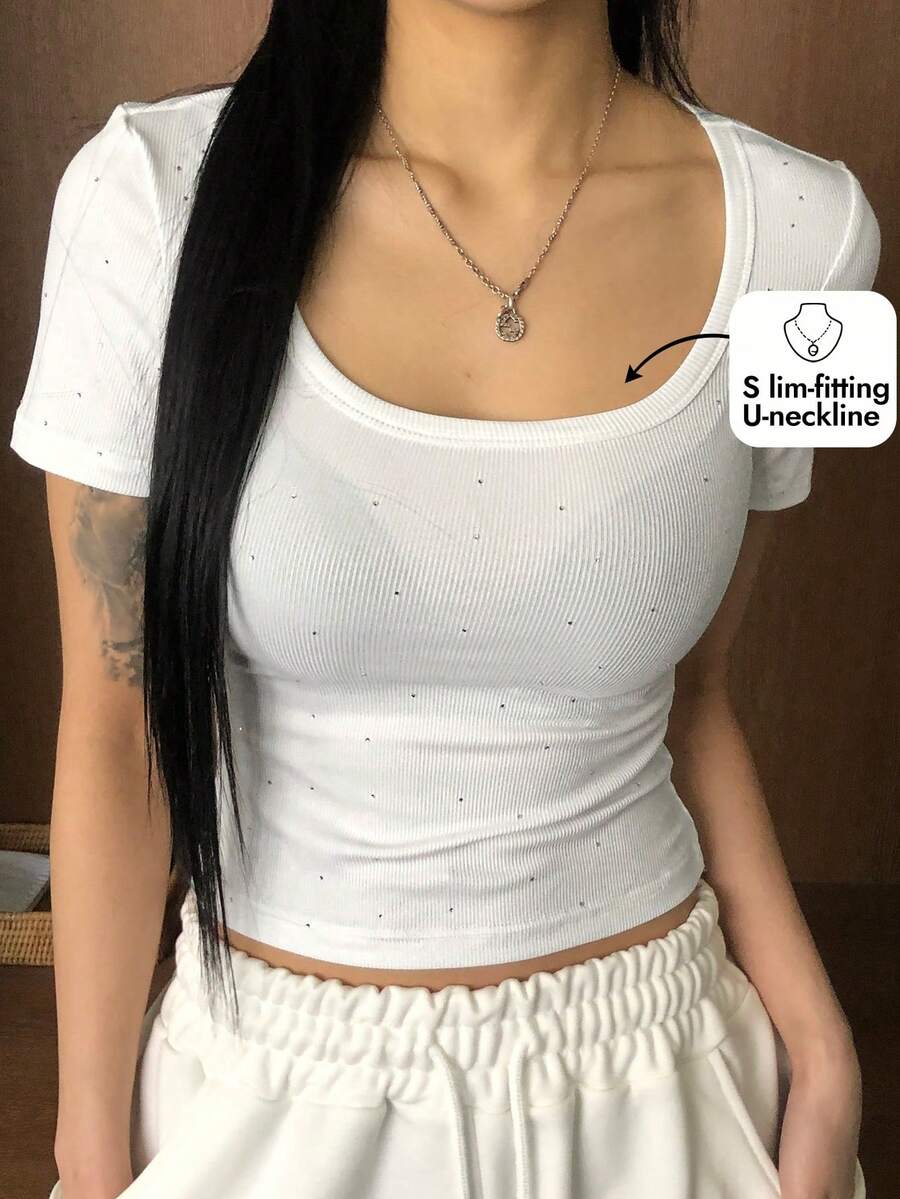 DAZY Women's Summer Scoop Neck Rhinestone Allover Print Slim Fit Casual Short Sleeve T-Shirt - White - View 1