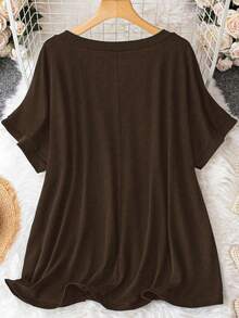 SHEIN CURVE+ Plus Size Casual Minimalist V-Neck Loose Knit Dress - Coffee Brown - View 2