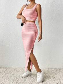 Flirla Women's Solid Color Scoop Neck Striped Print Tank Top And High Slit Skirt 2-Piece Set - Pink - View 5