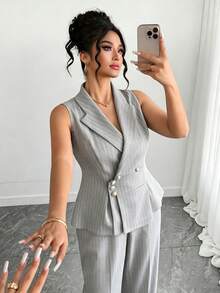 Elenzga Plus Size Women Commuting Minimalist Striped Vest And Pants 2 Pieces Set - Light Grey - View 7