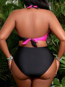Slaydiva Conjunto de traje de baño de talla grande con contraste de color - Rosa Fucsia - Ver 2