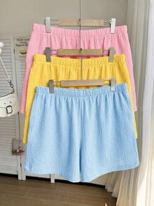 Comfortcana 3pcs/Set Plus Size Solid Color Linen Comfortable Casual Shorts, Suitable For Spring & Summer - Multicolor - View 4