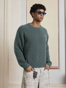 SWAVVY Men's Casual Embroidered Drop Shoulder Long Sleeve Sweater - Army Green - View 3
