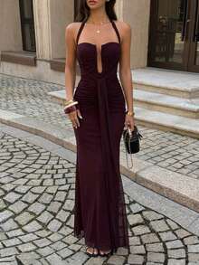 Aloruh Women's Burgundy Deep V-Neck Tie-Up Ruched Dress, Spring/Summer Event Formal Formal,Wedding Vacation Guests,Dresses For Women Summer Elegant - Purple - View 9