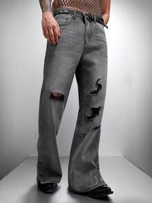 Zorclune Quần jeans ống loe bỏ túi đơn giản dành cho nam - Xám - Xem 4