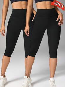 Velisys Velisys Spring/Summer Drawstring Flocked & Mesh Patchwork 3/4 Yoga Pants - Black - View 4