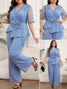 Reflora Plus Size Women's 2 Pieces Set,Elegant Blue And White Embroidered Summer Outfits,Charming Suits For Wedding Graduation Ceremony,Elegant Set - Blue - View 2