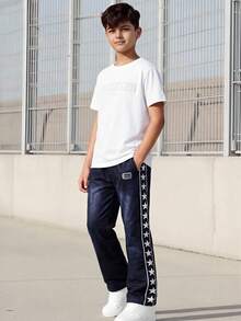 2pcs/Set Casual Letter Embossed T-Shirt & Star Pattern Pants Set For Teenage Boys, Suitable For Daily, Commute, Leisure, Streetwear - Black and White - View 1