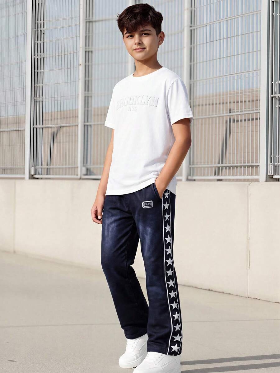 2pcs/Set Casual Letter Embossed T-Shirt & Star Pattern Pants Set For Teenage Boys, Suitable For Daily, Commute, Leisure, Streetwear - Black and White - View 1