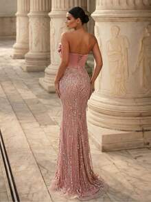 Glamrae Đầm dạ hội sang trọng, đính cườm và sequin, tay trễ vai, chất liệu satin xếp ly, dáng đuôi cá, thích hợp cho đám cưới, tiệc tùng, dạ hội, tiệc chiêu đãi (đính kèm rất nhiều chi tiết). - Bụi hồng - Xem 4