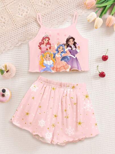 Soft Princess Pink, Twirl Into Spring & Summer, Sweet Cute Princess, Bright & Twilight Glitter Snowflake Print, Young Girl Casual Minimalist Fitted Cami Top And Shorts Homewear Set, Cami Set, Cami And Shorts Set, Easy Comfort, Chill Vibes, Laid-Back Style, Girly Style