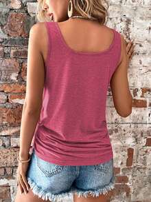 EMERY ROSE Plus Size Women's Half-Button Drawstring Side Vest Vacation Dusty Pink Summer Traditional - Rose Red - View 2