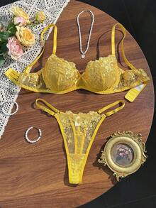 Eraneu 2pcs Mesh Embroidered Women's Lingerie Set - Yellow - View 6