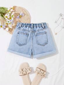 SHEIN Pantalones cortos vaqueros casuales con bolsillo, bordado de lazo y dobladillo enrollado para niñas preadolescentes, nuevos para primavera y verano, atuendos de moda para vacaciones de primavera y verano y playa - Lavado ligero - Ver 4