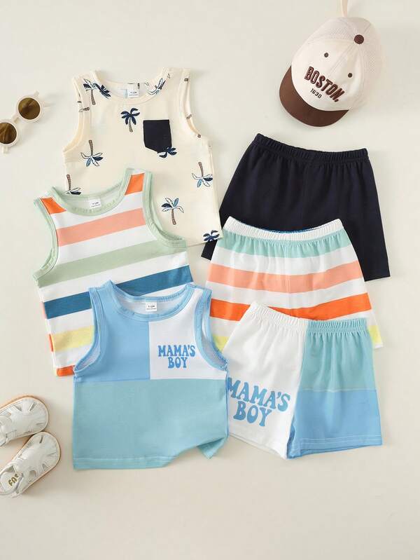 6 peças/Conjunto Conjunto Básico de Verão Casual de Férias para Menino/Menina com Colete Listrado e Shorts, Conjunto de Colete, Conjunto Listrado, Conjunto de Férias, Conjunto de Verão