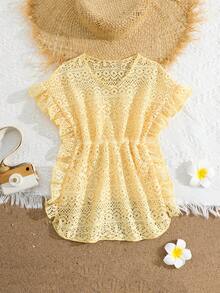 Kleine Mädchen Geometrisches Spitze Cut-Out-Muster V-Ausschnitt Ärmellos Kleid mit Rüschensaum, Geometrisches Spitze Strukturstoff, Rundhalsausschnitt, Ärmellos mit Rüschensaum, Taillierter Rock, süßer Urlaubsstil, geeignet für Strandurlaub, Eltern-Kind Strandfotos, Sommer - Gelb - Übersicht 5