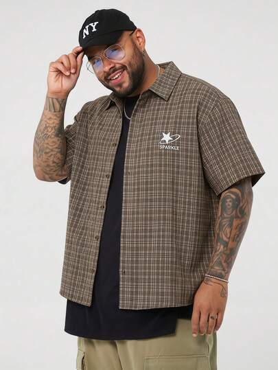 EASEVO Camisa casual de manga corta con botones y estampado de cuadros bordados para hombres de talla grande