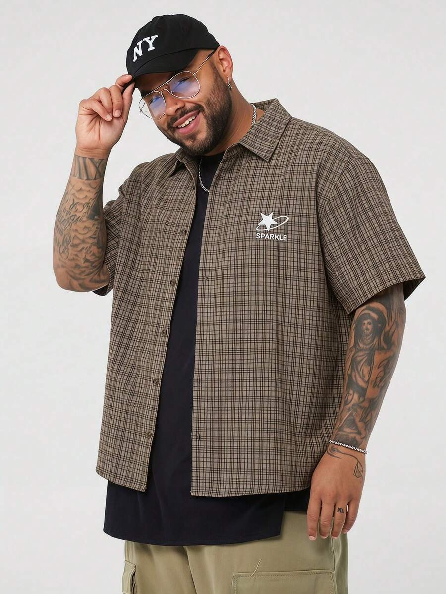 EASEVO Plus Size Men's Embroidered Plaid Print Button-Front Casual Short Sleeve Shirt, Vacation, Father's Day Gifts - Brown - View 1