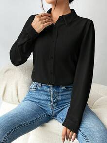 SHEIN PETITE Camisa clásica negra con solapa y manga larga para mujer, blusa básica de otoño para oficina, estilo casual de negocios minimalista para ir al trabajo, versátil, ligera y formal, para mujeres de talla pequeña - Negro - Ver 5