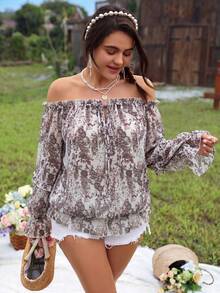 SHEIN LUNE Áo kiểu nữ cỡ lớn trễ vai, tay phồng, thắt nơ, họa tiết hoa, thích hợp cho tiệc tùng/nghỉ dưỡng, lãng mạn và thanh lịch. - Gỗ đỏ - Xem 3