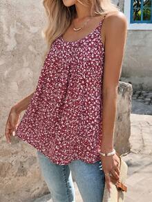 SHEIN Clasi Áo hai dây nữ màu hồng họa tiết hoa nhí thời trang, thanh lịch, thích hợp mặc riêng hoặc mặc nhiều lớp trong nhiều dịp. - Màu Đỏ Sâu - Xem 4