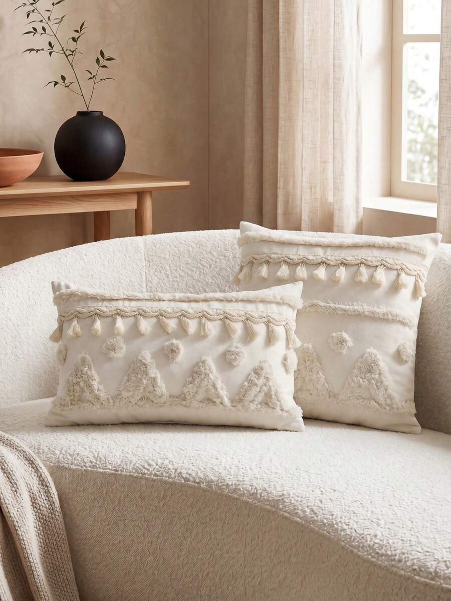Fronha de almofada bordada com tufos geométricos e florais boêmios, adequada para decoração de interiores, capa de almofada decorativa com borlas para todas as estações, sem enchimento de almofada