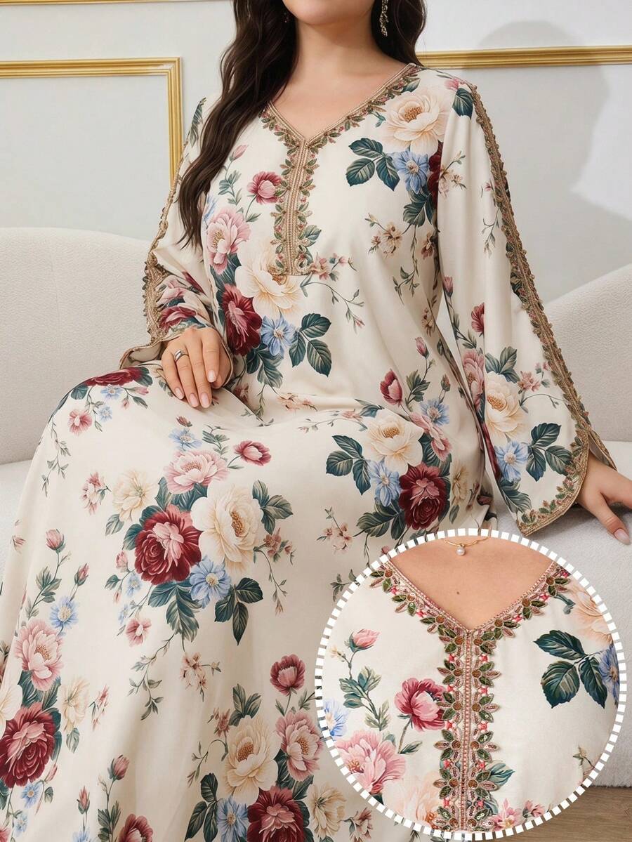 Al Najma 大码女式V领印花休闲派对阿拉伯风格连衣裙 - 彩色 - 查看 1