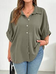 SHEIN Essnce Áo sơ mi nữ cỡ lớn thời trang xuân hè, kiểu dáng thường ngày rộng rãi, thoải mái, đa năng, ôm nhẹ, màu đen cài nút, áo kiểu nữ, áo công sở, áo đồng phục giáo viên, kiểu dáng đơn giản. - xanh quân đội - Xem 4
