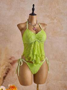 Bellisia 26SS Spring Summer Beach Party Vacation Lime Green Lace Floral Trim Cute Sweet Bow Bikini Set 2pcs Sexy - Green - View 5
