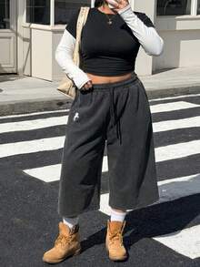 Muchica Plus Size Summer Casual Drawstring Waist Wide Leg Shorts - Dark Grey - View 6