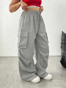SHEIN Tall CURVE Plus Size Casual Solid Color Drawstring Waist Flap Pocket Cargo Pants - Light Grey - View 4