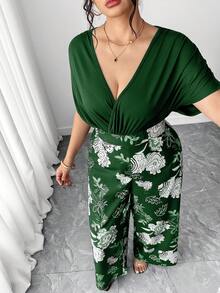 Elenzga 大码印花V领优雅短袖连体裤 - 墨綠色 - 查看 5